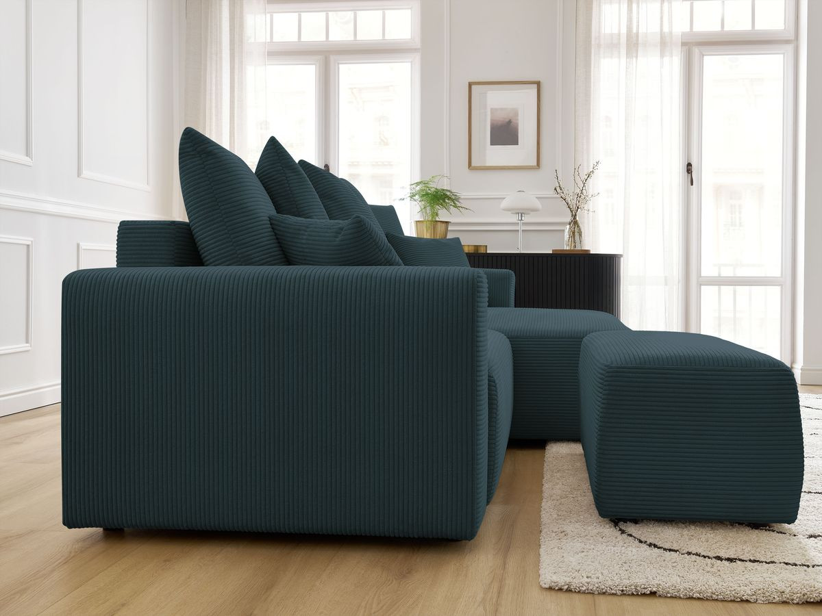 Bobochic Atilla Ecksofa mit Schlaffunktion und Bettkasten und Pouf Cordsamt Dunkelblau Ecke rechts
