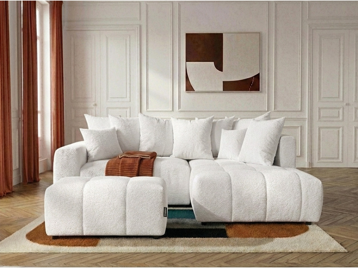 Bobochic Roxelane Ecksofa mit Schlaffunktion und Bettkasten und Pouf Bouclé-Stoff Weiß Ecke rechts