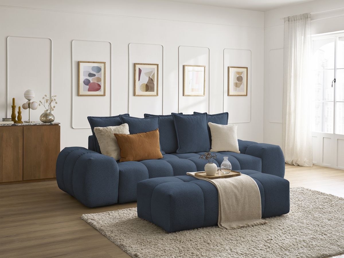 Bobochic Everest Sofa 3-Sitzer mit Pouf, 5 Kissen Melange-Stoff Dunkelblau