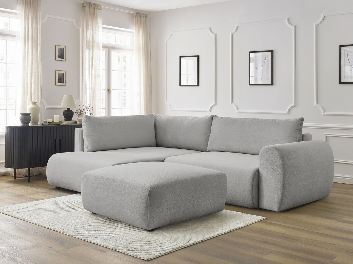 Bobochic Lucien Ecksofa mit Schlaffunktion und Bettkasten und Pouf 296 × 198 cm Stoff Hellgrau Ecke links