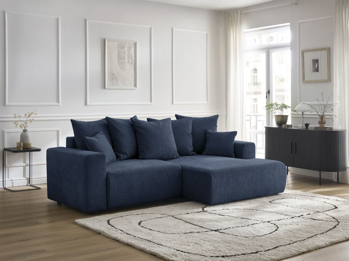 Bobochic Atilla Ecksofa mit Schlaffunktion und Bettkasten Strukturstoff Dunkelblau Ecke rechts