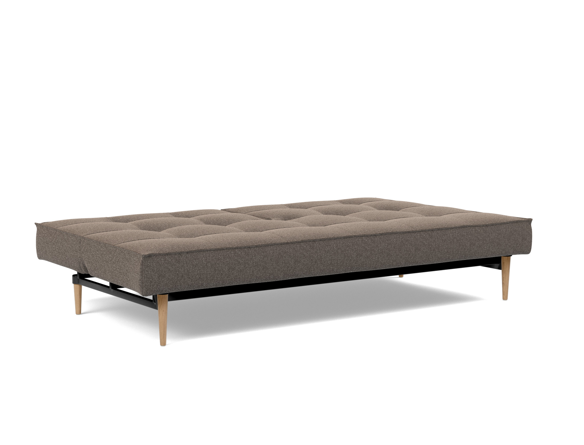 Schlafsofa Splitback Boucle Skandi 530-Taupe Beine Styletto Eiche hell