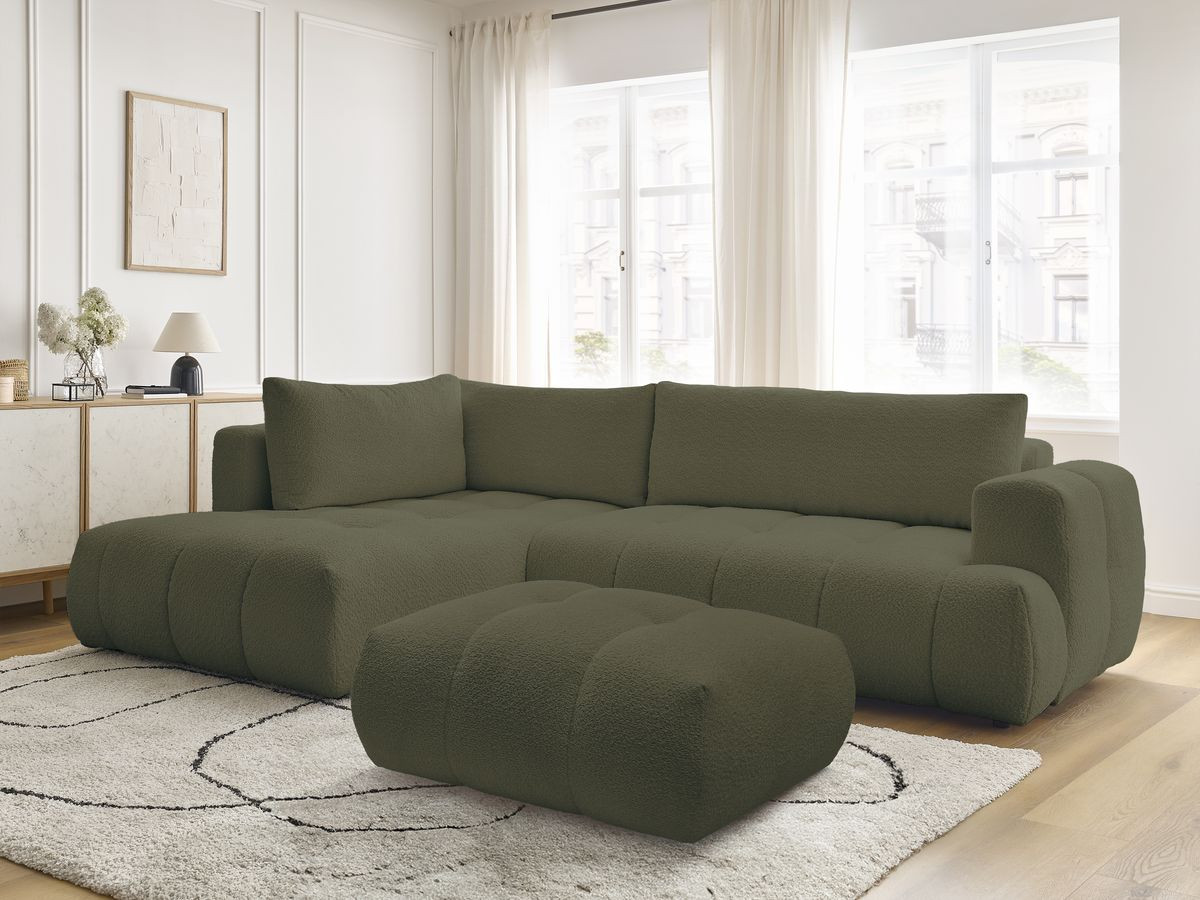 Bobochic Fuji Ecksofa mit Schlaffunktion und Bettkasten und Pouf 282 × 204 cm Bouclé-Stoff Grün Ecke links