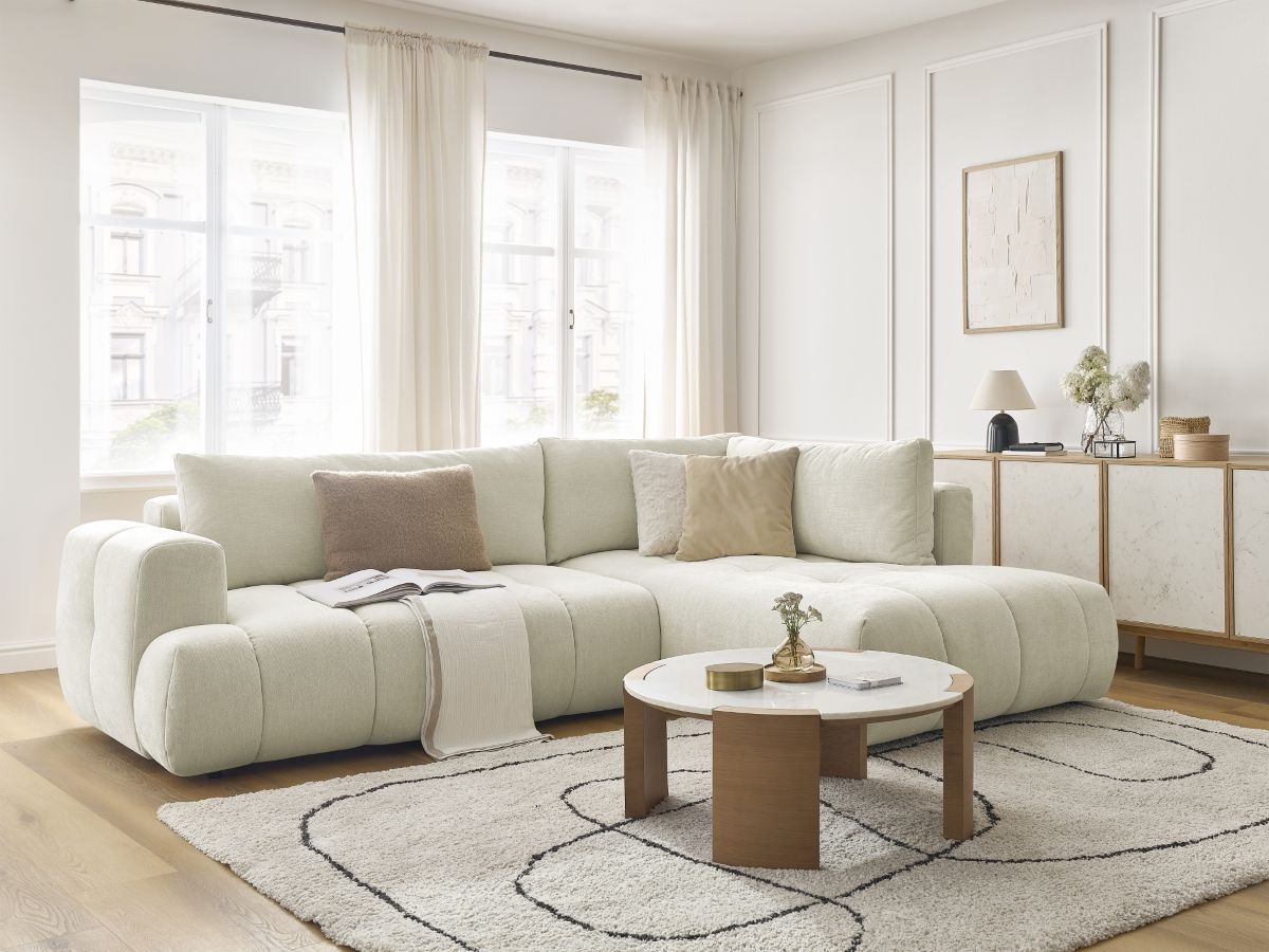 Bobochic Fuji Ecksofa mit Schlaffunktion und Bettkasten 282 × 204 cm Stoff Beige Ecke rechts
