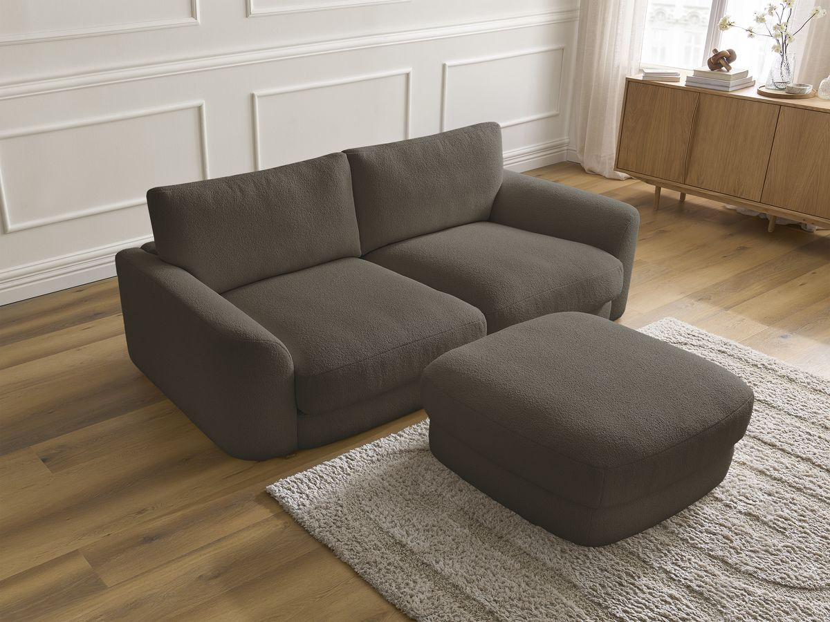 Bobochic Leonore Sofa 3-Sitzer mit Pouf Bouclé-Stoff Braun