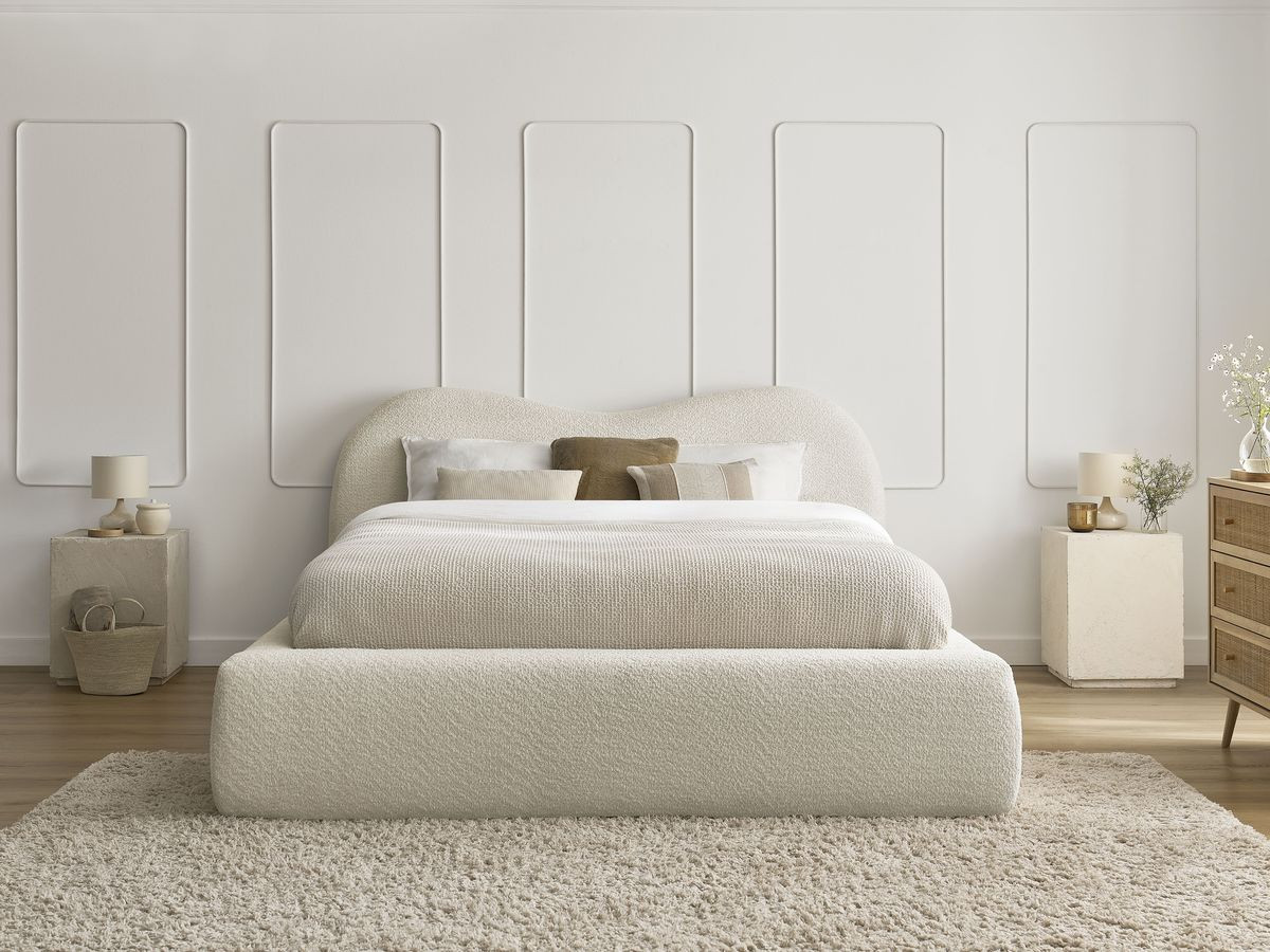 Bobochic Orlane Polsterbett mit Bettkasten Bouclé-Stoff Beige, Liegefläche 140 × 190 cm