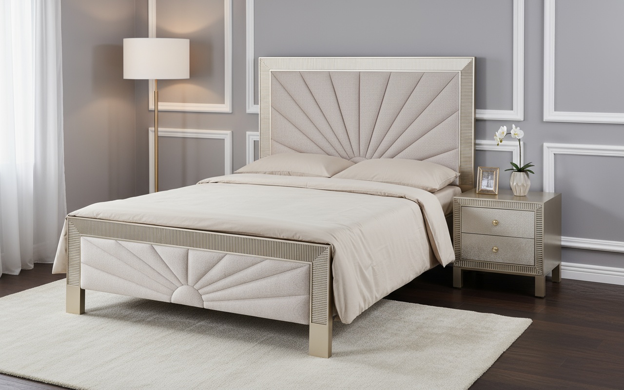 Livin Hill Set Stilig Bedroom: Polsterbett 166 cm + 2× Nachttisch Champagnergold