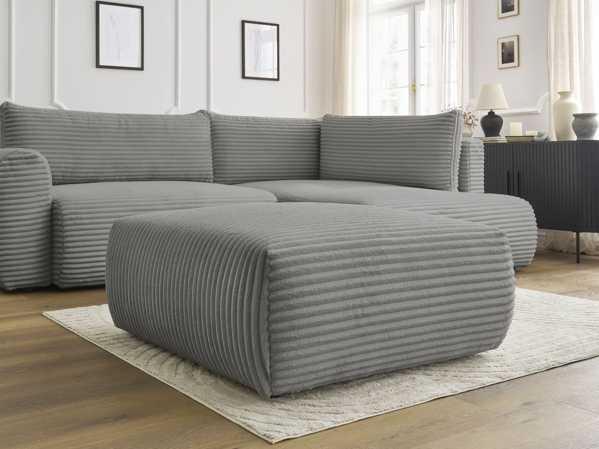 Bobochic Lucien Ecksofa mit Schlaffunktion und Bettkasten und Pouf 296 × 198 cm Breitcord weich Dunkelgrau Ecke rechts