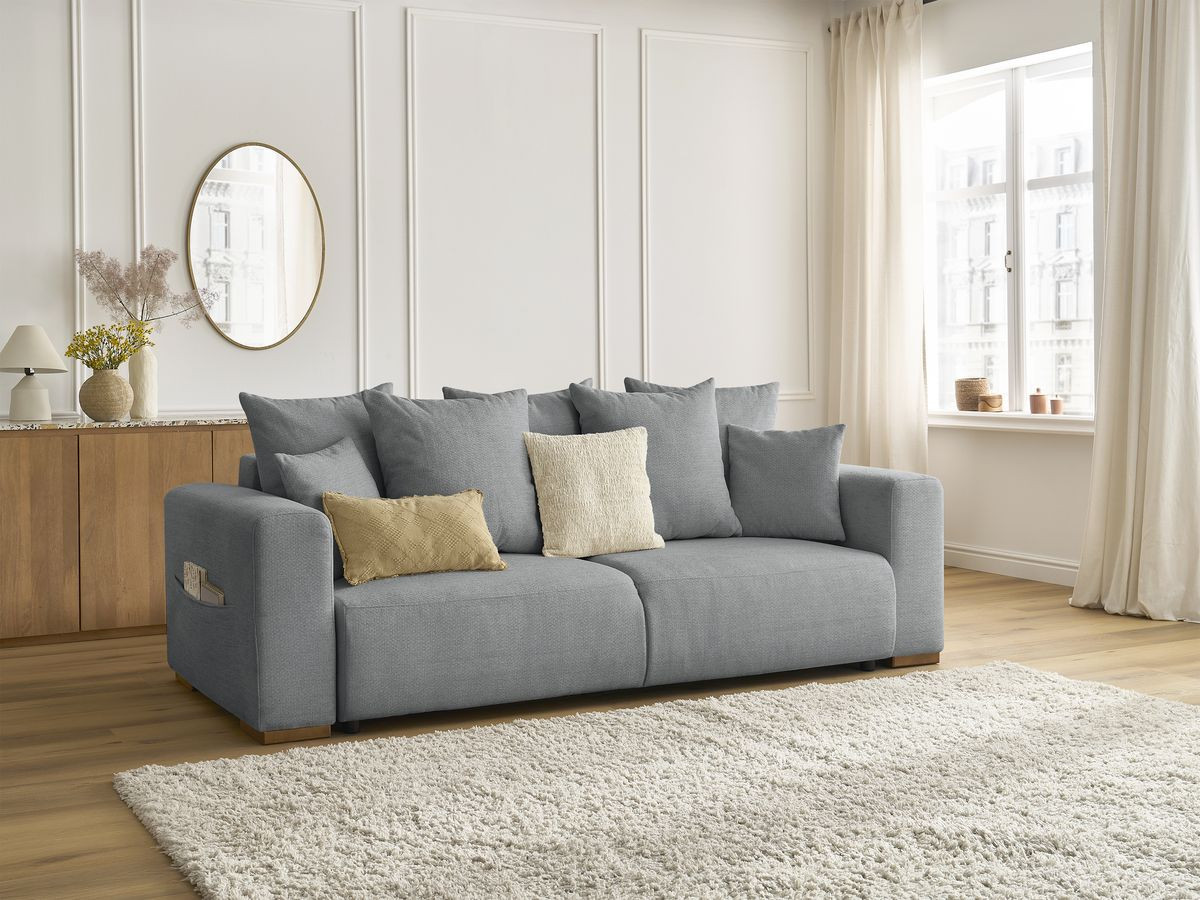 Bobochic Sidonie Schlafsofa 3-Sitzer mit Bettkasten Melange-Stoff Dunkelgrau