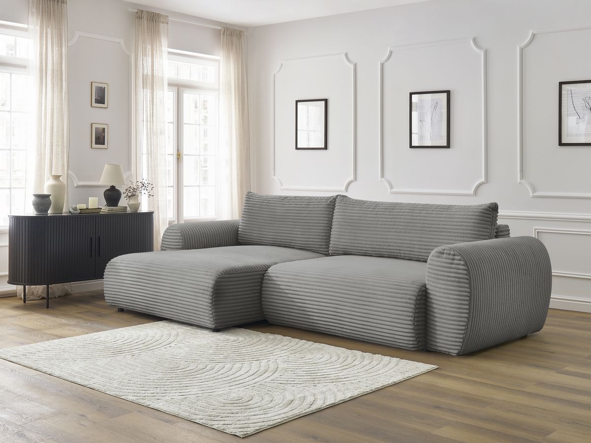 Bobochic Lucien Ecksofa mit Schlaffunktion und Bettkasten 314 × 167 cm Breitcord weich Dunkelgrau Ecke links
