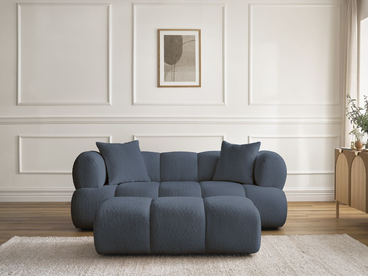 Bobochic Pamira Sofa 2-Sitzer mit Pouf Bouclé-Stoff Dunkelblau