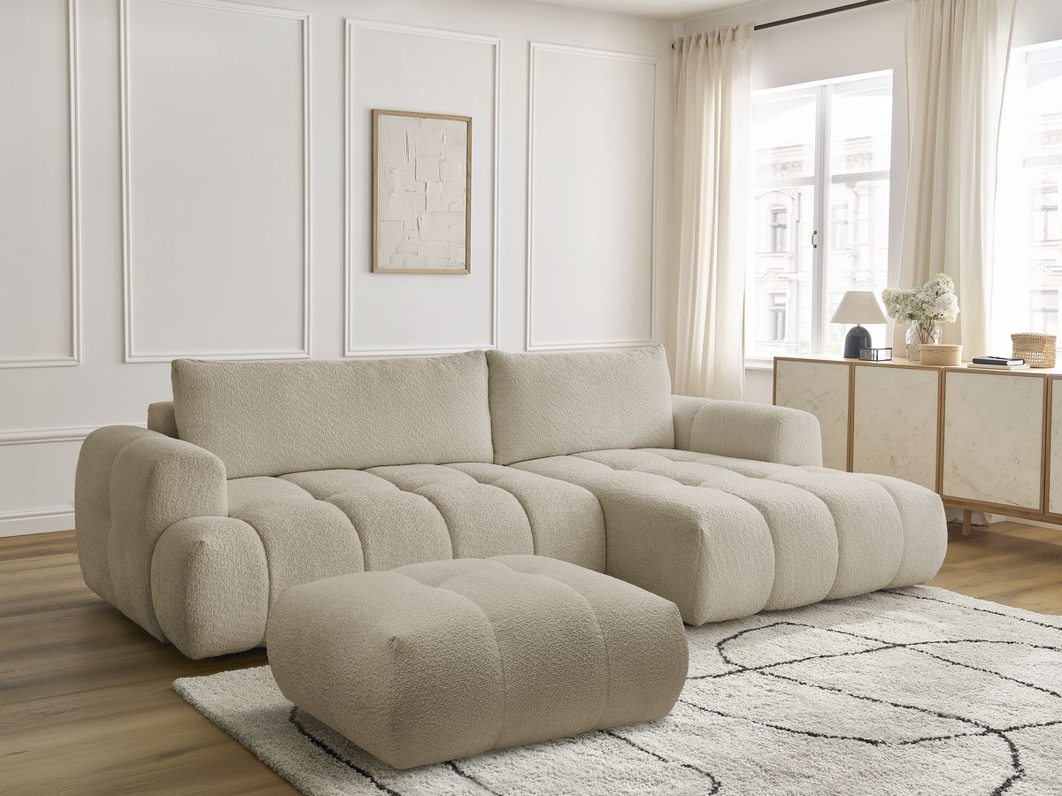 Bobochic Fuji Ecksofa mit Schlaffunktion und Bettkasten und Pouf 292 × 160 cm Bouclé-Stoff Beige Ecke rechts