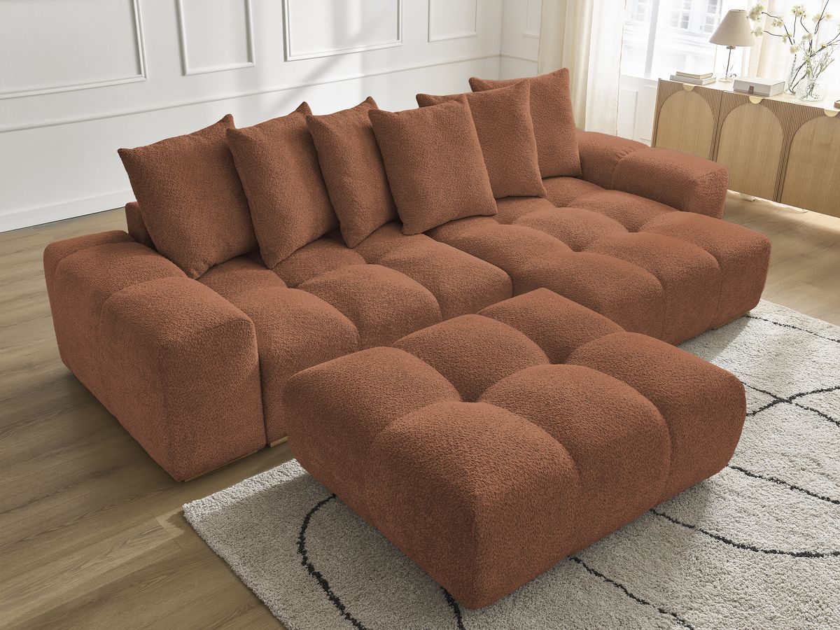 Bobochic Anakin Ecksofa mit Pouf, 6 Kissen Bouclé-Stoff Orange
