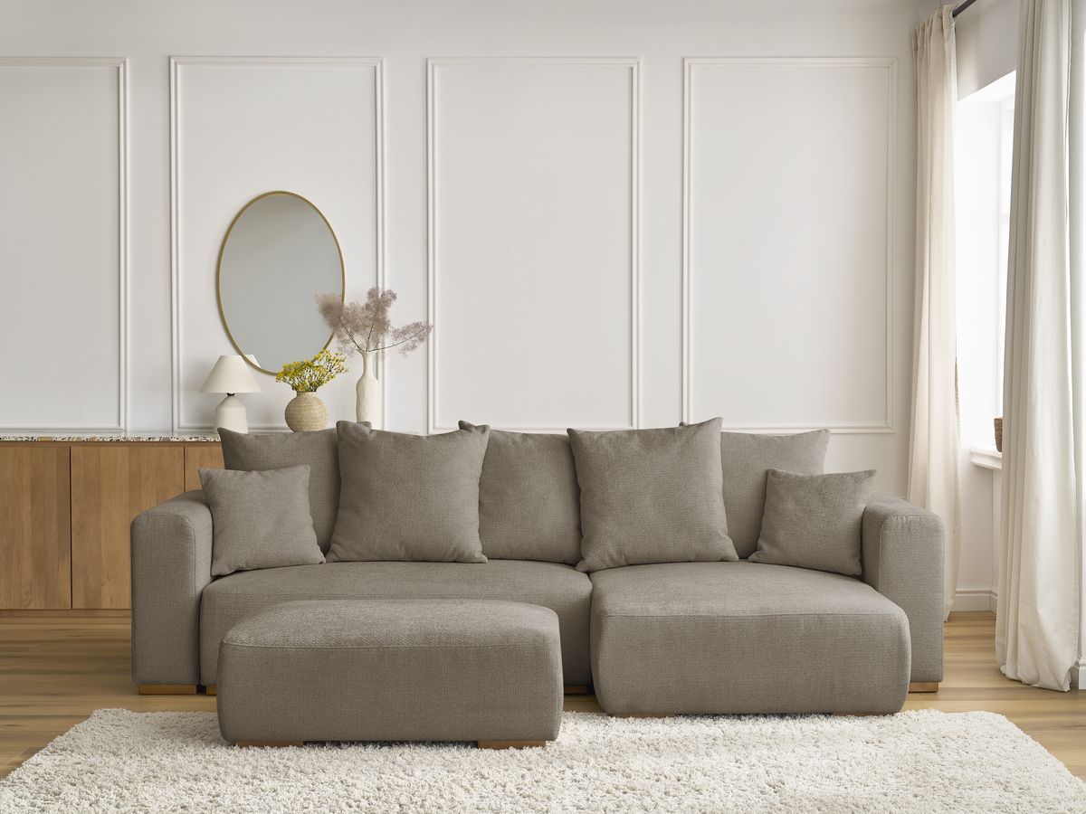 Bobochic Sidonie Ecksofa mit Schlaffunktion und Bettkasten und Pouf Melange-Stoff Taupe