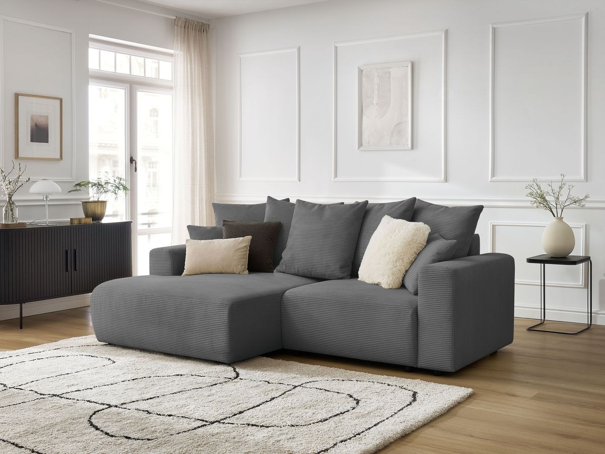 Bobochic Atilla Ecksofa mit Schlaffunktion und Bettkasten Cordsamt Dunkelgrau Ecke links