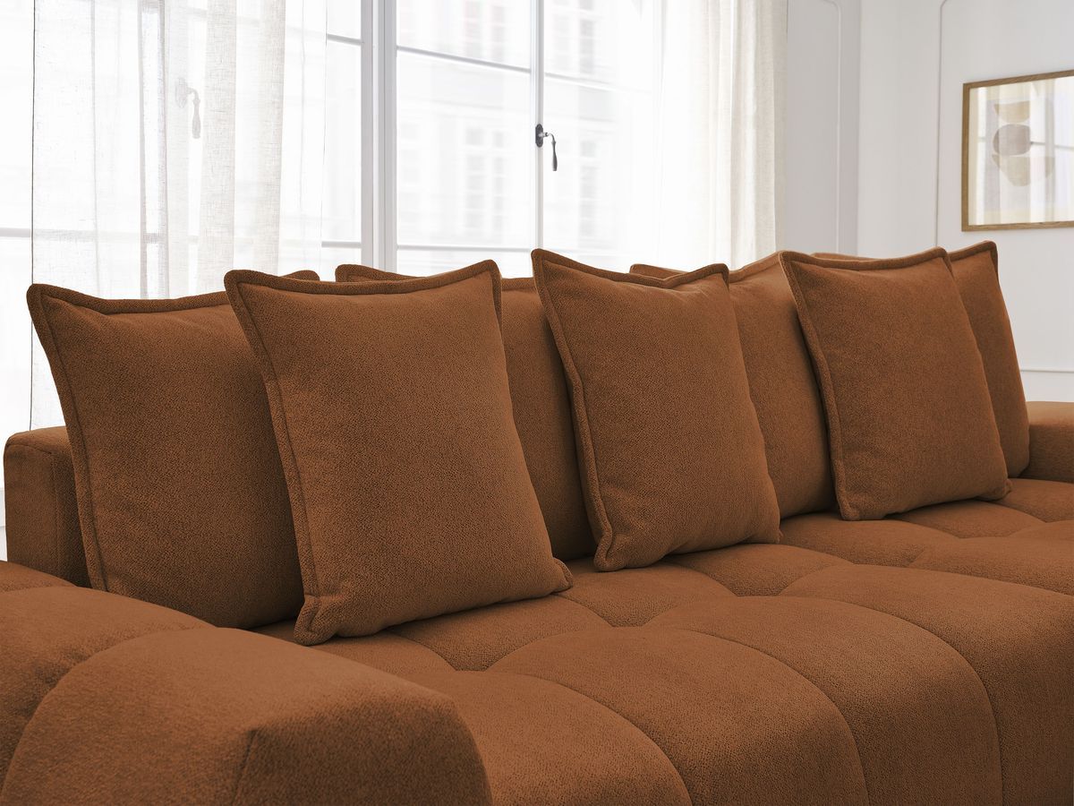Bobochic Everest Ecksofa mit Schlaffunktion und Bettkasten 318 × 180 cm, 7 Kissen Melange-Stoff Orange Ecke rechts