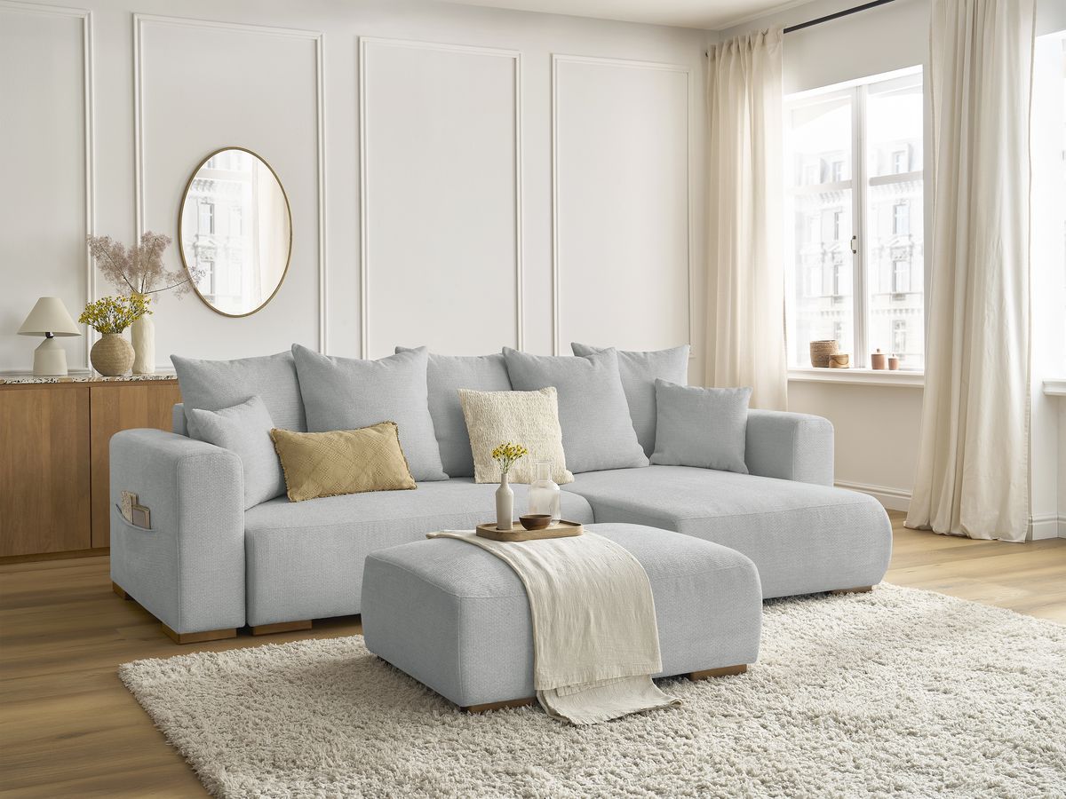 Bobochic Sidonie Ecksofa mit Schlaffunktion und Bettkasten und Pouf Melange-Stoff Hellgrau