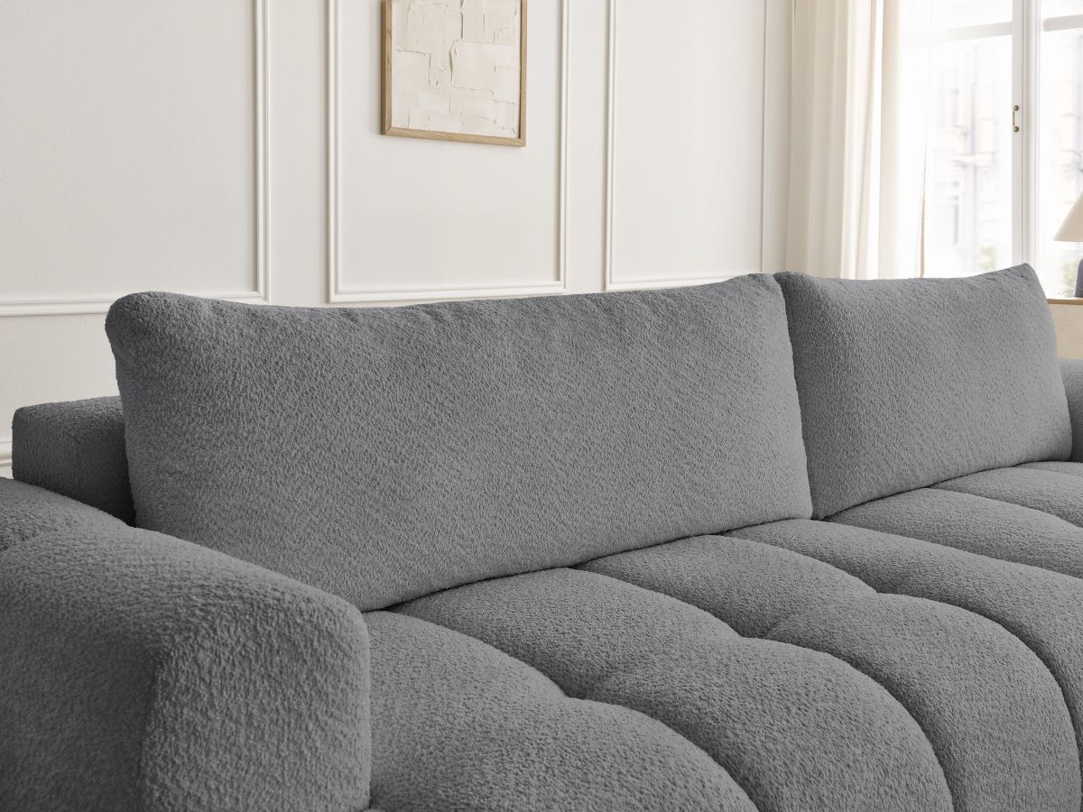 Bobochic Fuji Ecksofa mit Schlaffunktion und Bettkasten und Pouf 292 × 160 cm Bouclé-Stoff Dunkelgrau Ecke rechts