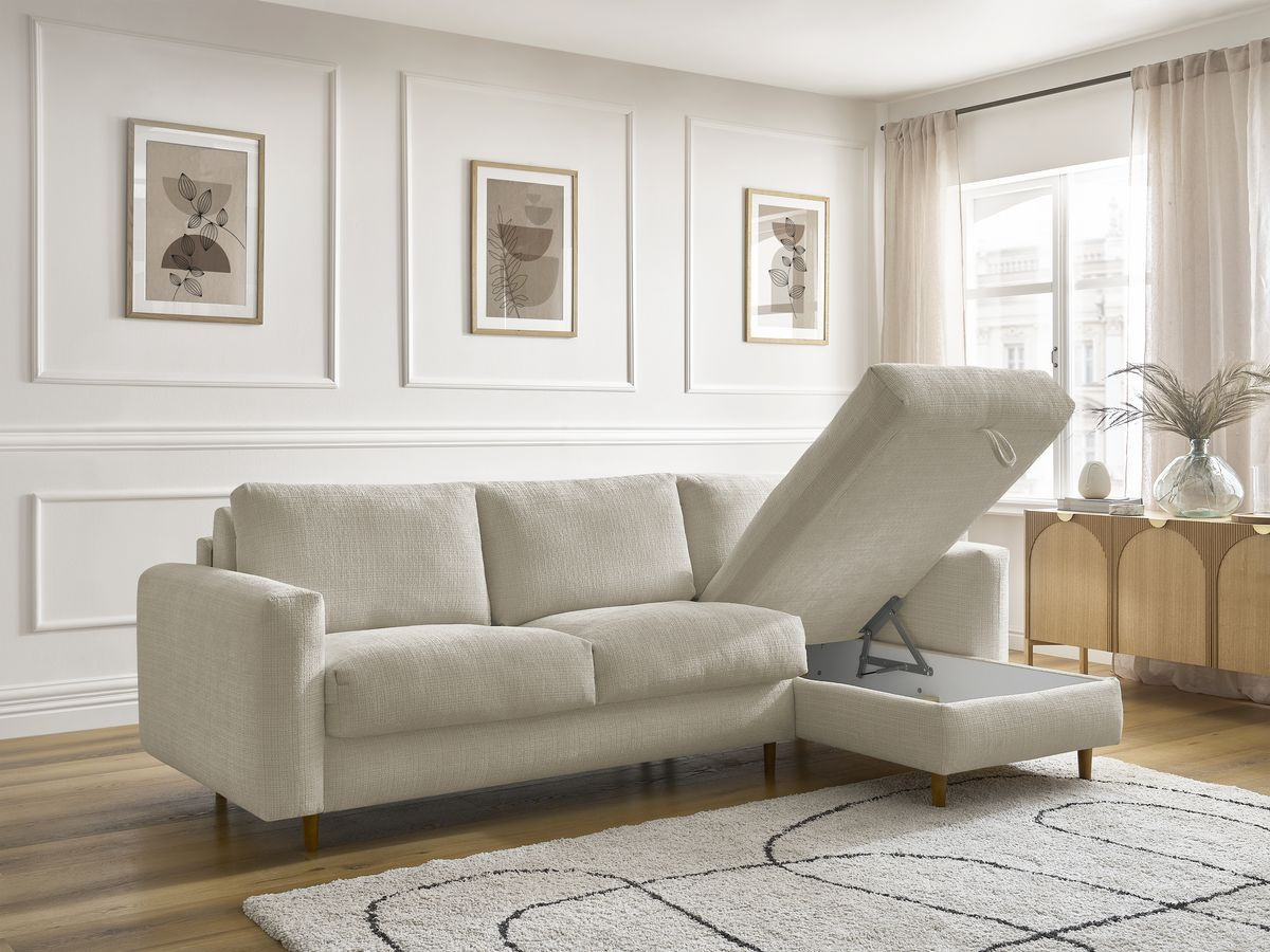 Bobochic Cocoone Ecksofa mit Schlaffunktion und Bettkasten Strukturstoff Beige, Liegefläche 140 × 200 cm