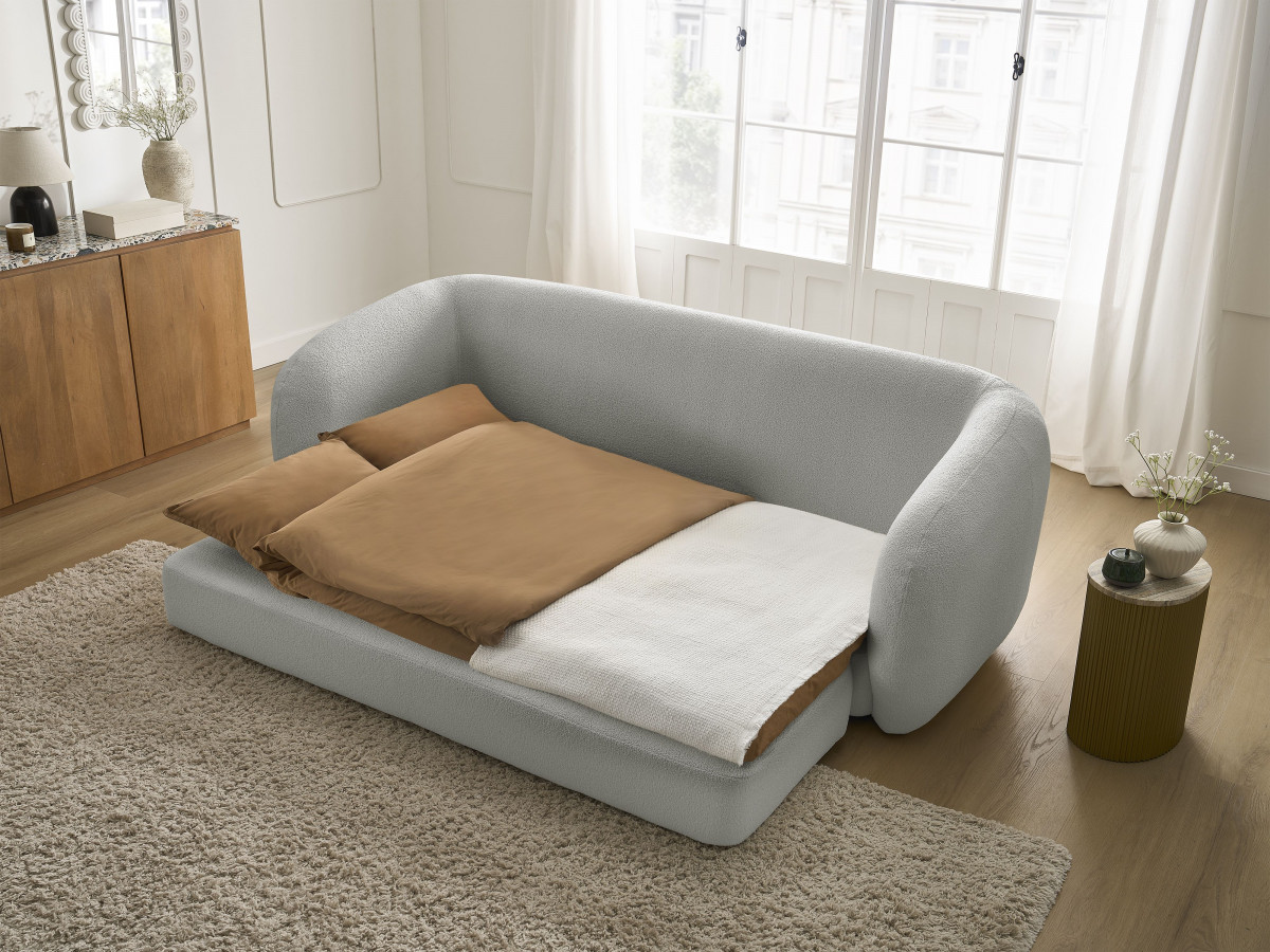 Bobochic Neyo Schlafsofa 3-Sitzer Bouclé-Stoff Hellgrau