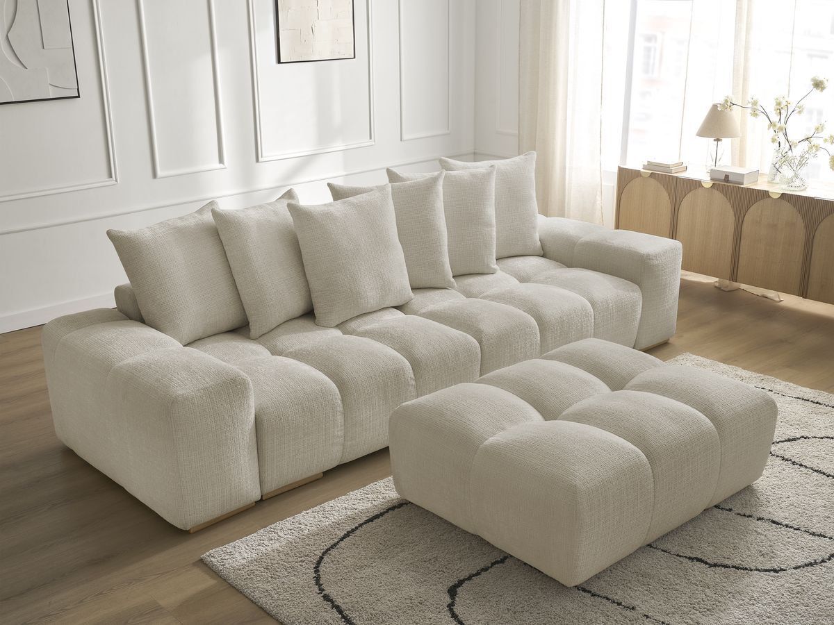 Bobochic Anakin Sofa 3-Sitzer mit Pouf, 6 Kissen Strukturstoff Beige