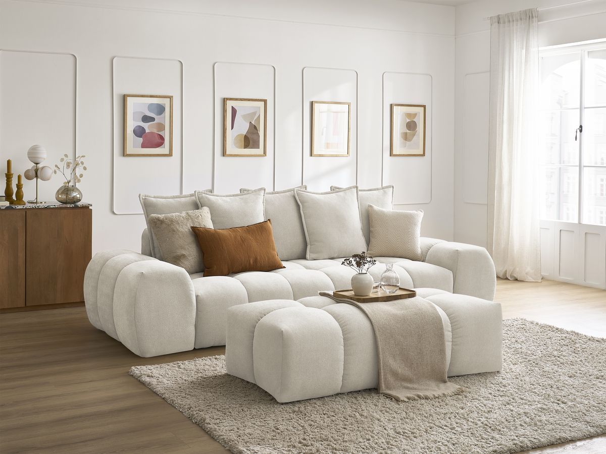 Bobochic Everest Sofa 3-Sitzer mit Pouf, 5 Kissen Strukturstoff Beige