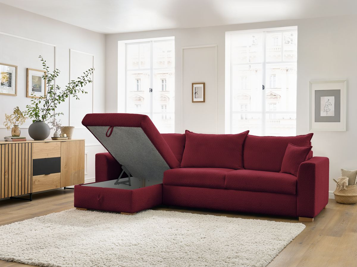 Bobochic Augustin Ecksofa mit Schlaffunktion und Bettkasten Bouclé-Stoff Rot, Liegefläche 160 × 200 cm