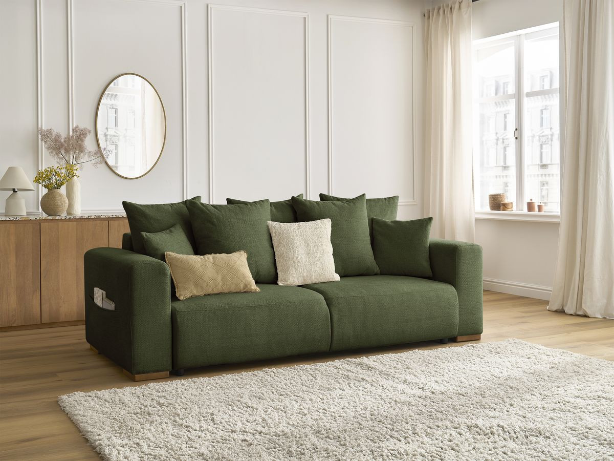 Bobochic Sidonie Schlafsofa 3-Sitzer mit Bettkasten Melange-Stoff Grün