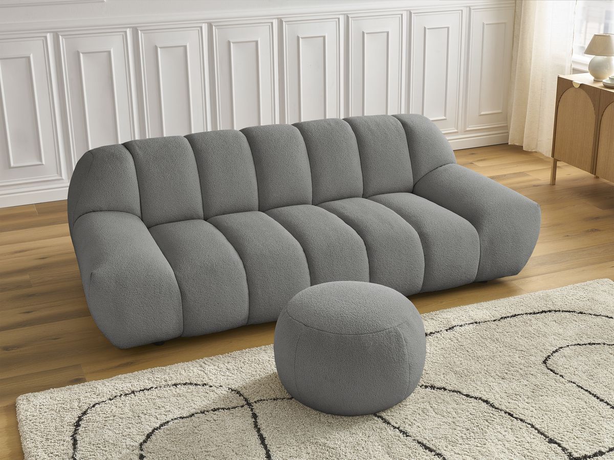 Bobochic Hayden Sofa 3-Sitzer mit Pouf 226 × 107 cm Bouclé-Stoff Dunkelgrau