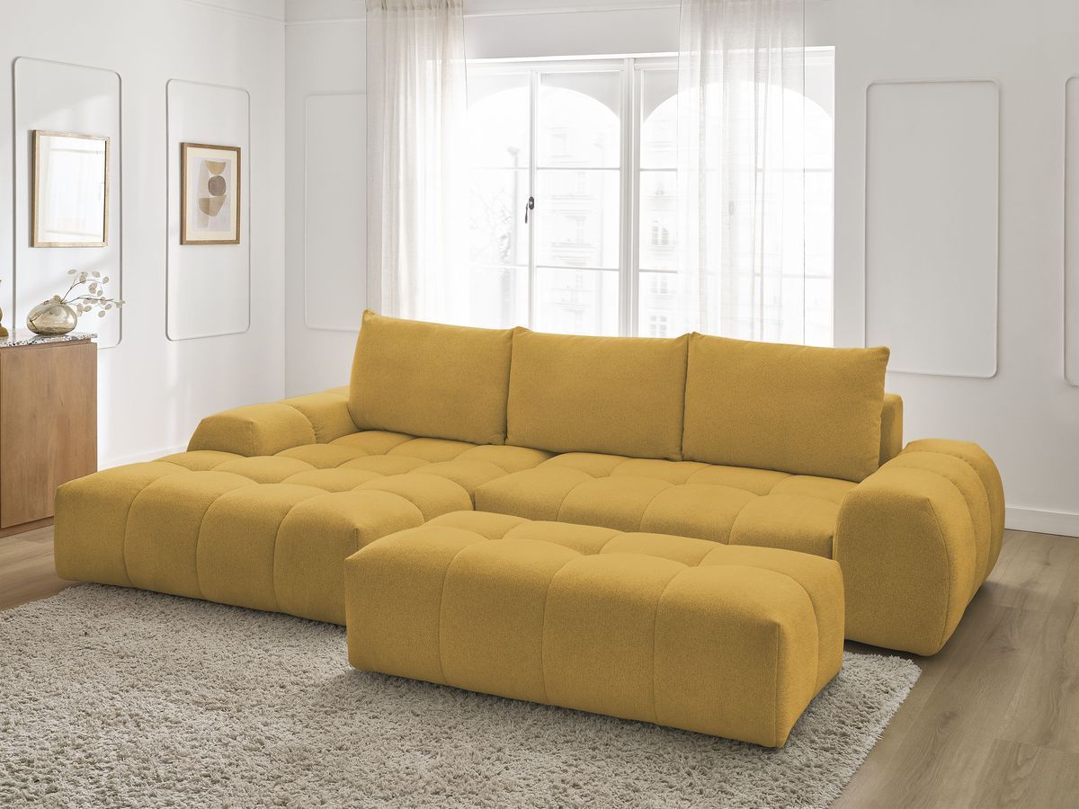 Bobochic Everest Ecksofa mit Schlaffunktion und Bettkasten und Pouf 318 × 180 cm, 3 Kissen Melange-Stoff Gelb Ecke links
