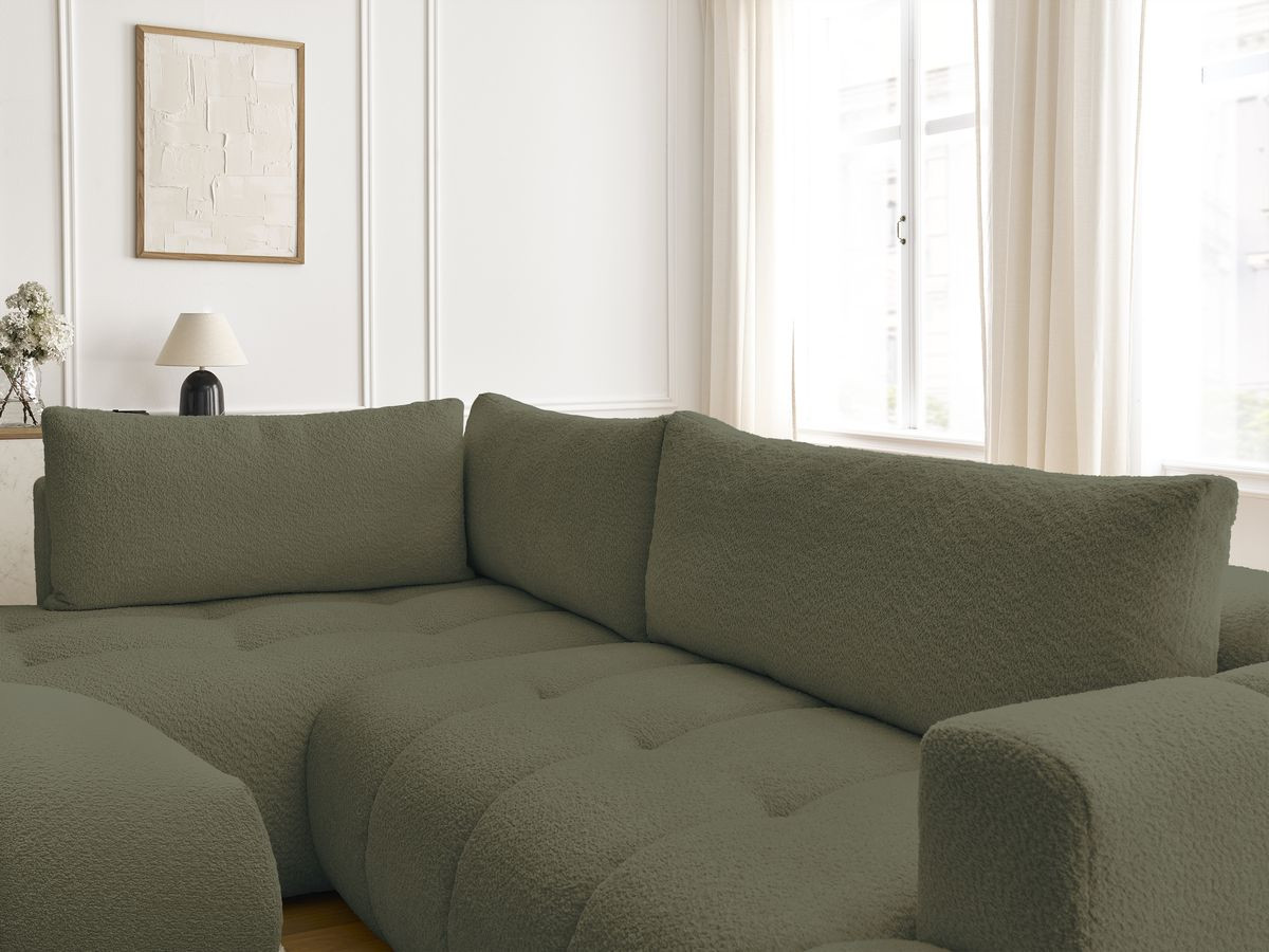 Bobochic Fuji Ecksofa mit Schlaffunktion und Bettkasten und Pouf 282 × 204 cm Bouclé-Stoff Grün Ecke links