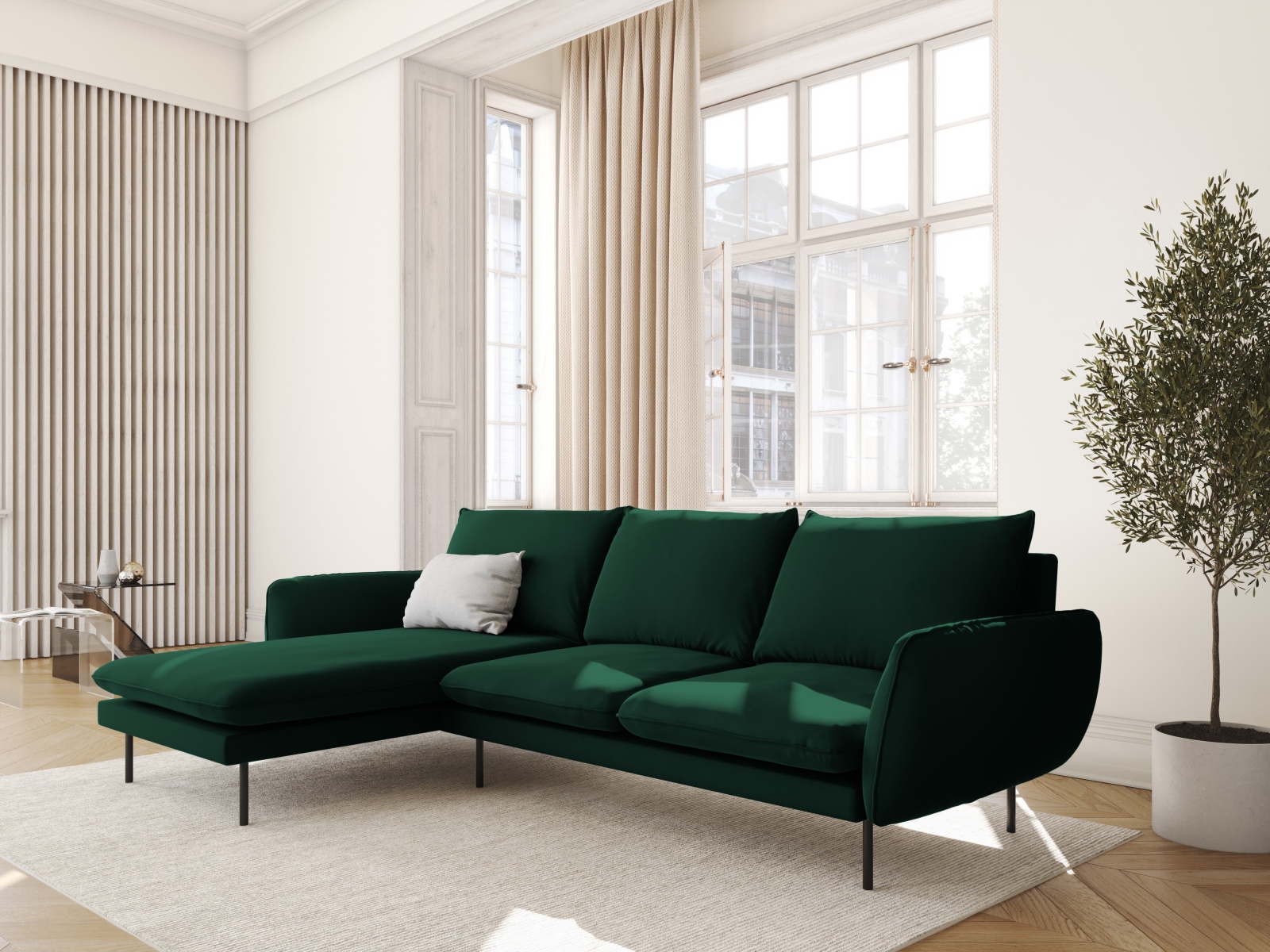 Cosmopolitan Design Ecksofa Vienna 5-Sitzer Samt Bluvel Flaschengrün Links Beine Schwarzes Metall