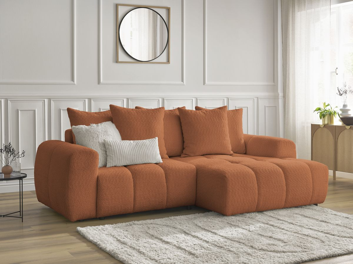 Bobochic Roxelane Ecksofa mit Schlaffunktion und Bettkasten 258 × 150 cm Bouclé-Stoff Orange Ecke rechts