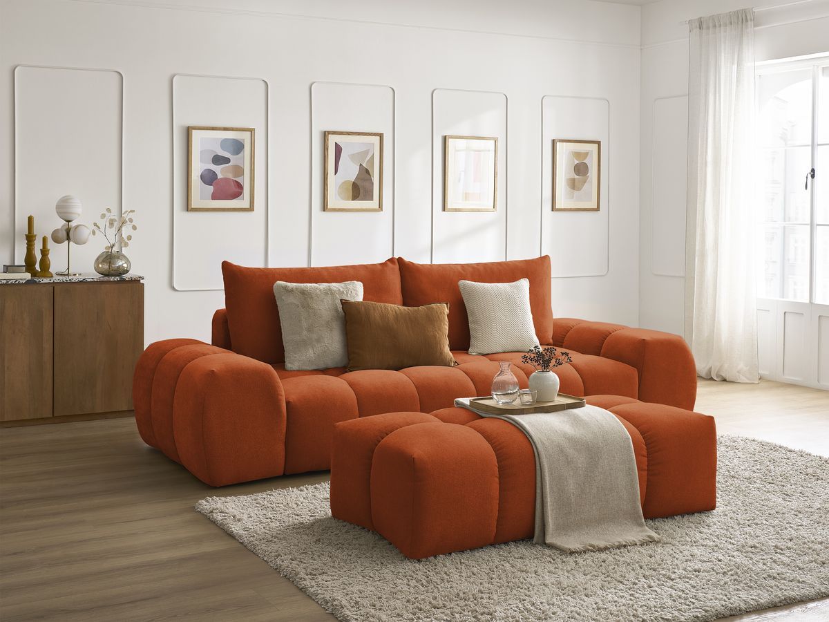 Bobochic Everest Sofa 3-Sitzer mit Pouf, 2 Kissen Strukturstoff Orange