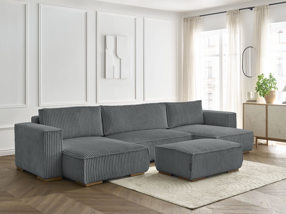 Bobochic Chelsea Wohnlandschaft mit Pouf Breitcord weich Dunkelgrau
