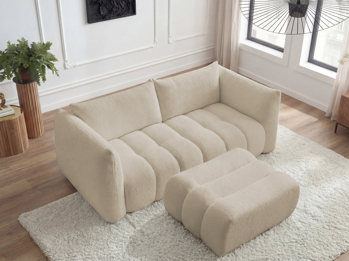 Bobochic Azra Sofa 3-Sitzer mit Pouf Bouclé-Stoff Beige