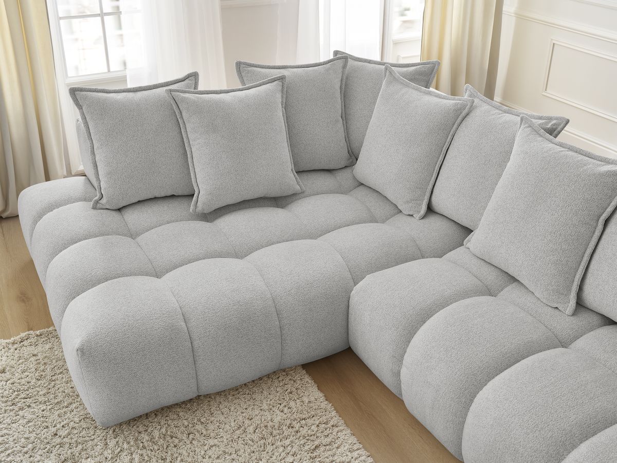 Bobochic Everest Ecksofa, 10 Kissen Melange-Stoff Hellgrau Ecke links