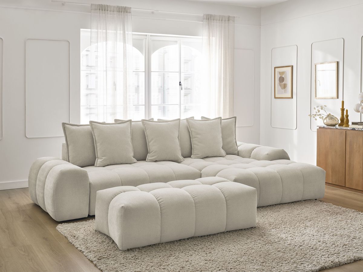 Bobochic Everest Ecksofa mit Schlaffunktion und Bettkasten und Pouf 318 × 180 cm, 7 Kissen Strukturstoff Beige Ecke rechts