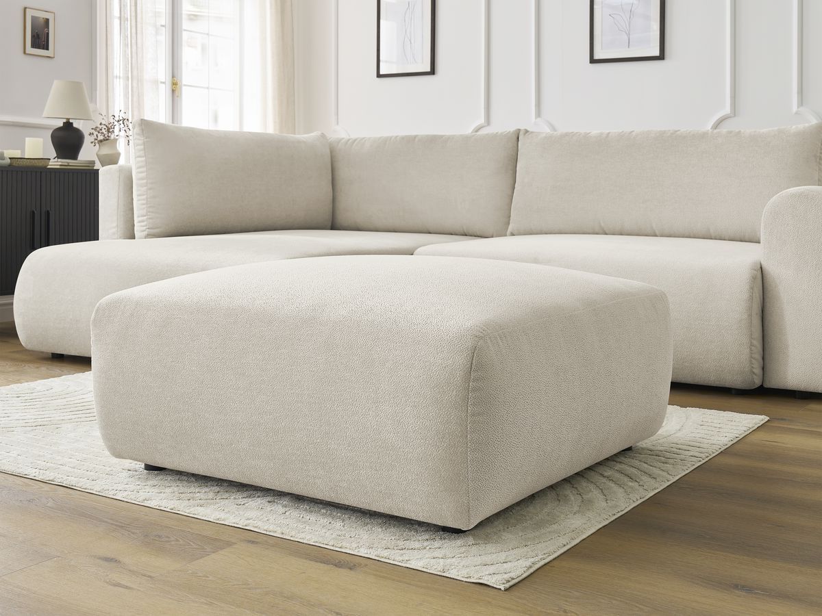 Bobochic Lucien Ecksofa mit Schlaffunktion und Bettkasten und Pouf 296 × 198 cm Stoff Beige Ecke links