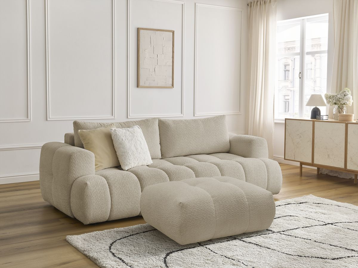 Bobochic Fuji Schlafsofa 3-Sitzer mit Bettkasten und Pouf Bouclé-Stoff Beige