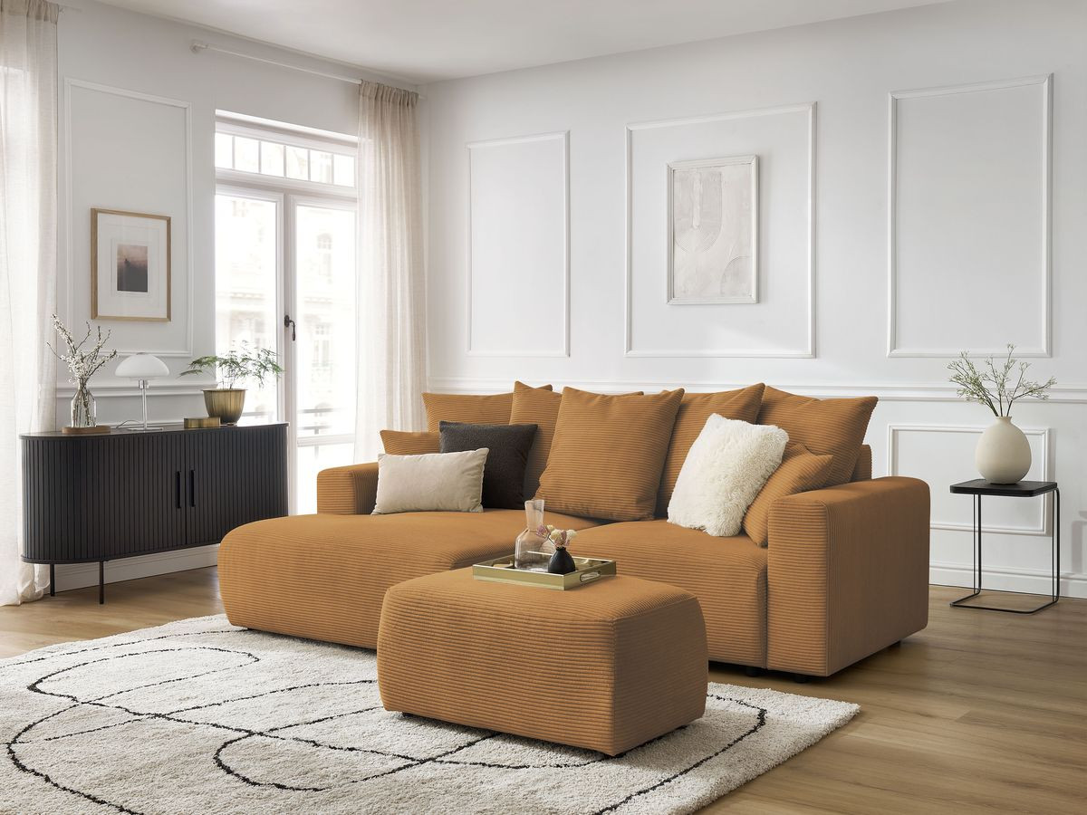 Bobochic Atilla Ecksofa mit Schlaffunktion und Bettkasten und Pouf Cordsamt Gelb Ecke links