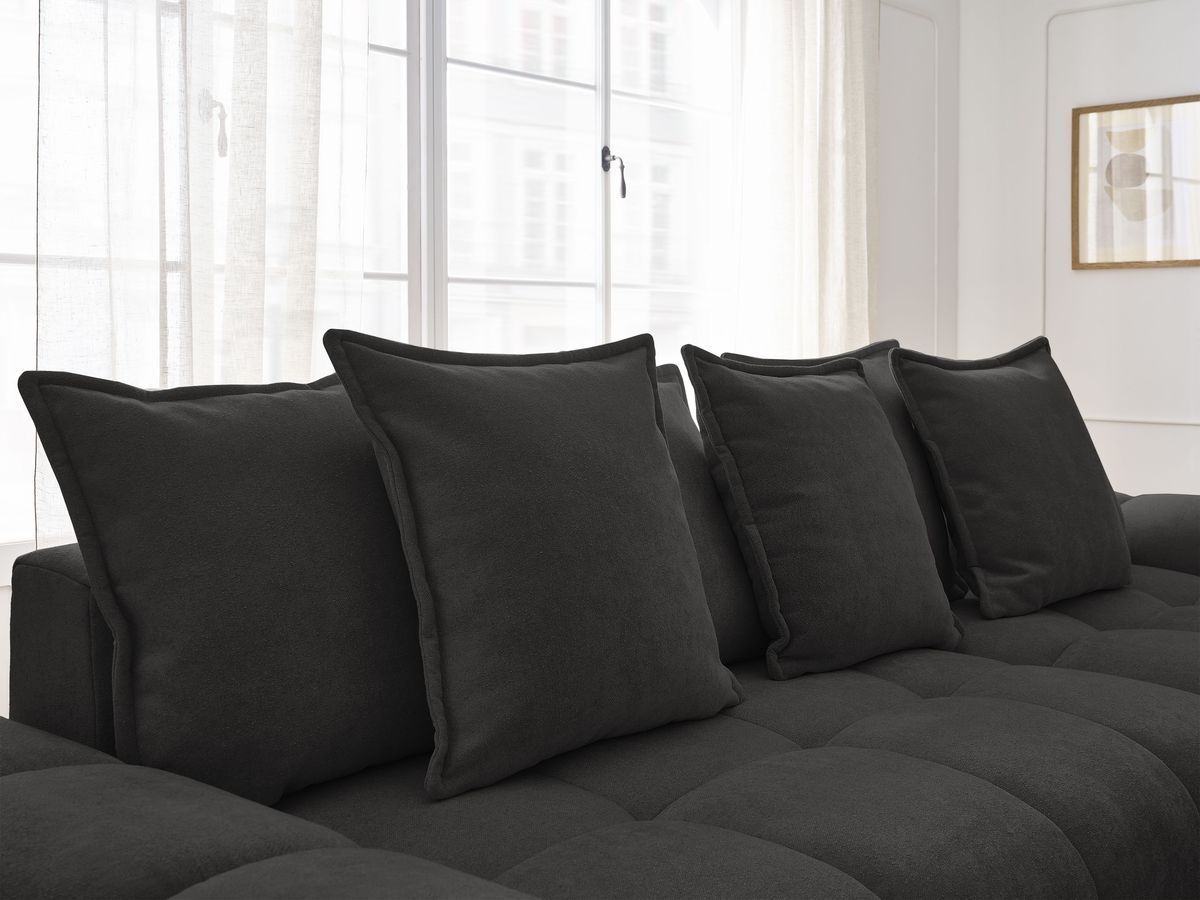 Bobochic Everest Ecksofa mit Schlaffunktion und Bettkasten und Pouf 318 × 180 cm, 7 Kissen Strukturstoff Schwarz Ecke rechts