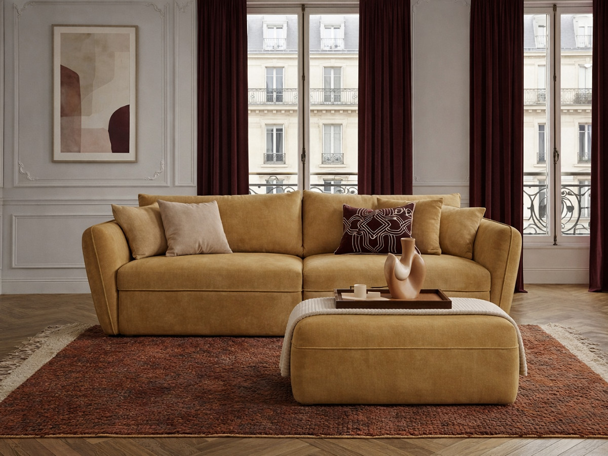 Bobochic Luigi Sofa 3-Sitzer mit Pouf Strukturstoff Gelb