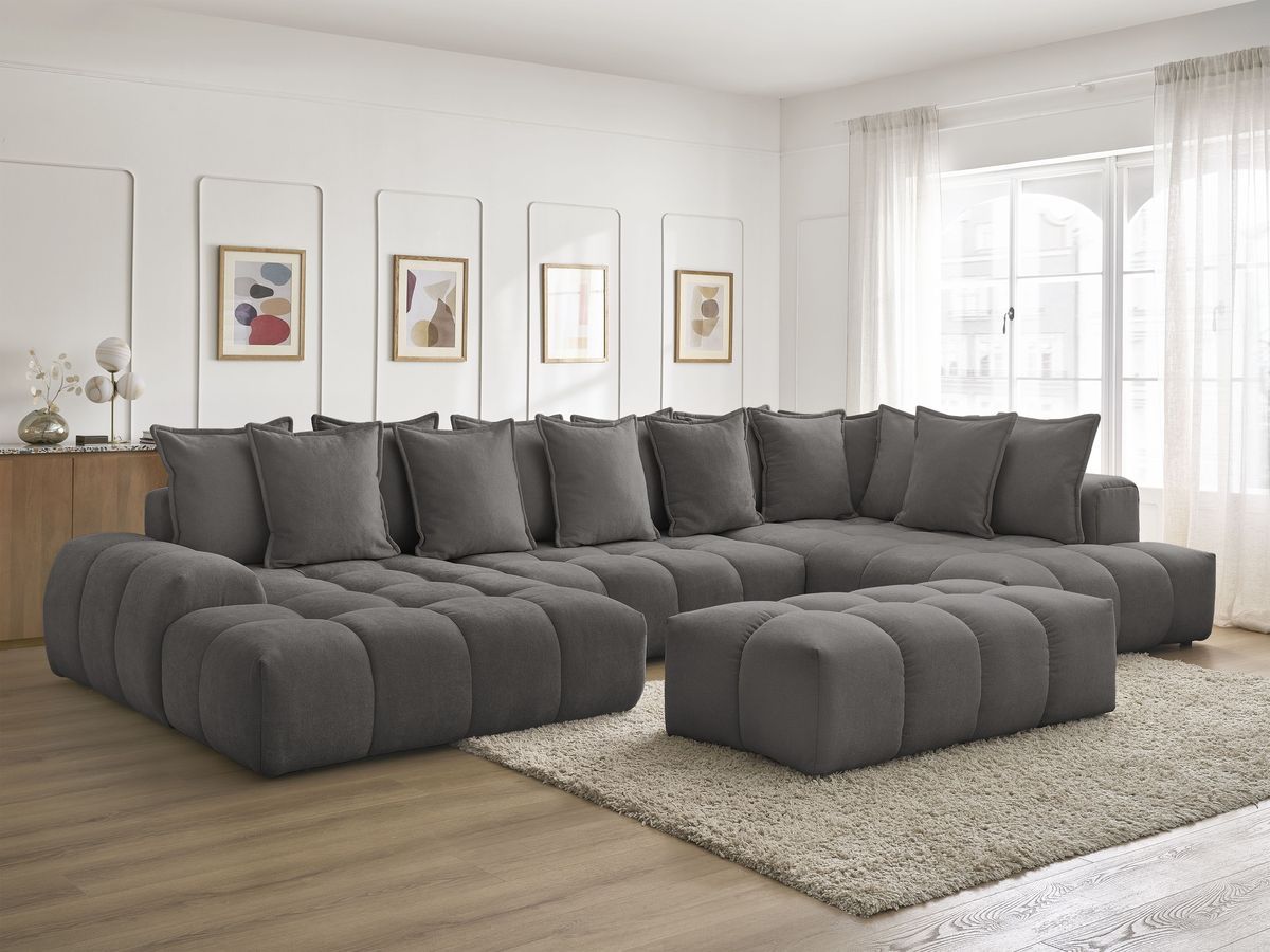Bobochic Everest Wohnlandschaft mit Pouf, 14 Kissen Strukturstoff Dunkelgrau Ecke links