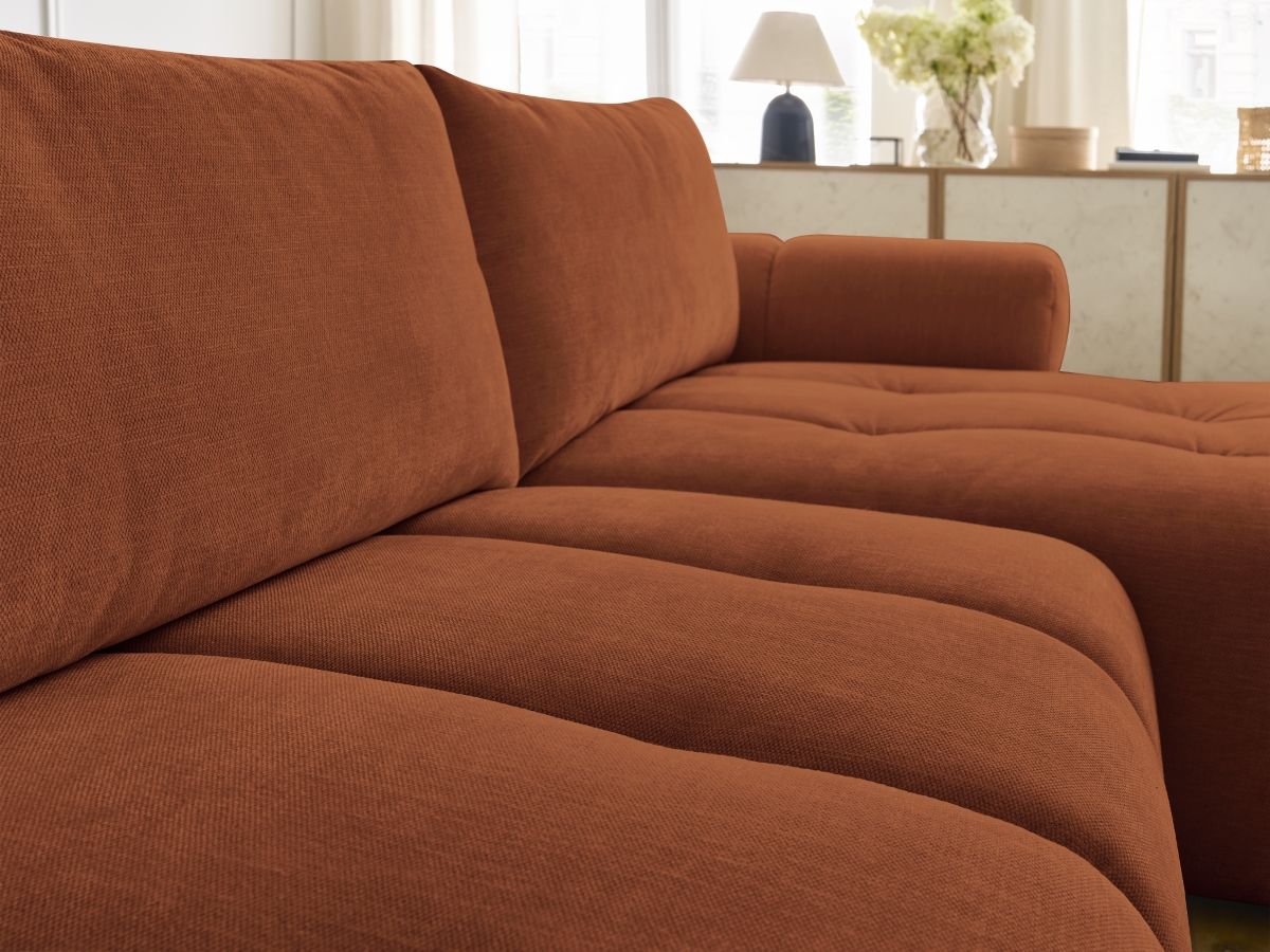 Bobochic Fuji Ecksofa mit Schlaffunktion und Bettkasten und Pouf 292 × 160 cm Stoff Orange Ecke rechts