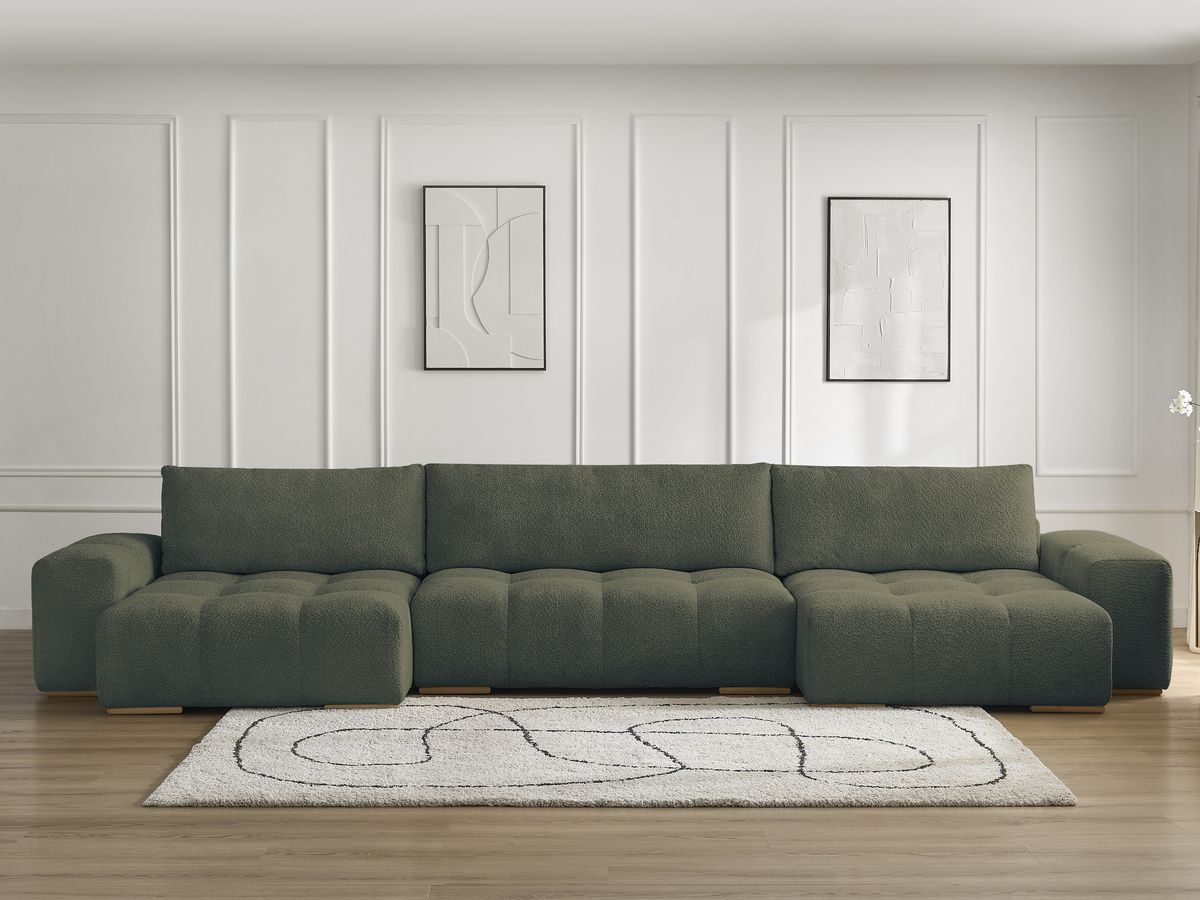 Bobochic Anakin Wohnlandschaft, Liegefläche 137 × 382 cm, 3 Kissen Bouclé-Stoff Grün