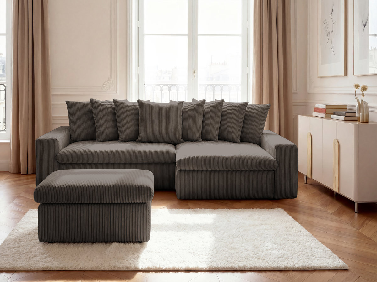 Bobochic Enore Ecksofa mit Pouf Cordsamt Taupe Ecke rechts