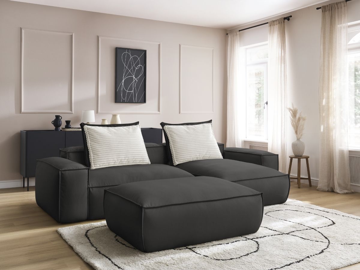 Bobochic Boheme Ecksofa mit Pouf Kunstleder Schwarz