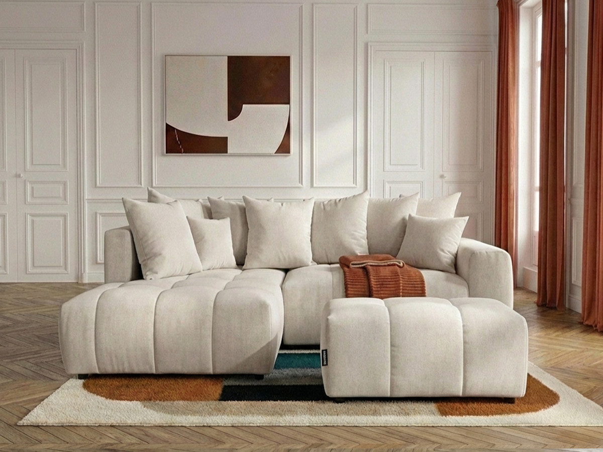 Bobochic Roxelane Ecksofa mit Schlaffunktion und Bettkasten und Pouf Melange-Stoff Beige Ecke links