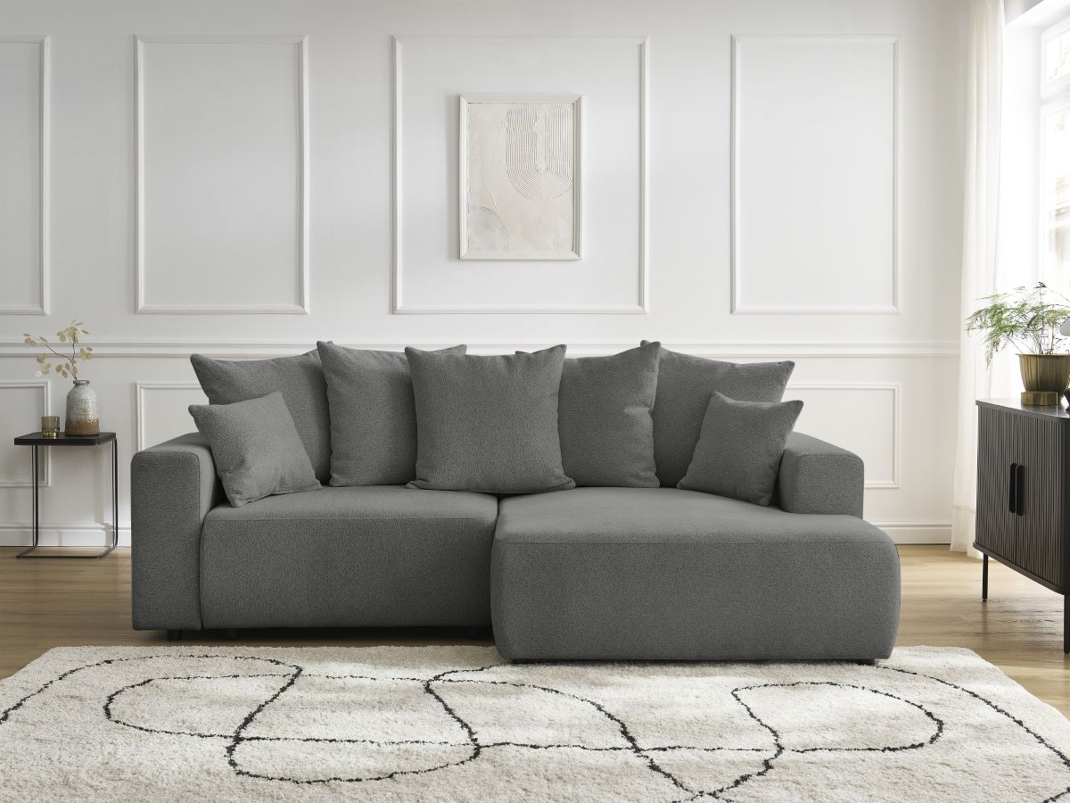 Bobochic Atilla Ecksofa mit Schlaffunktion und Bettkasten Melange-Stoff Dunkelgrau Ecke rechts